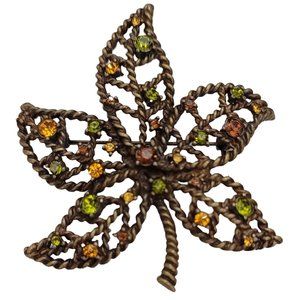 Nina Ricci Avon Gold Tone Green Yellow Topaz Rhinestone Leaf Brooch, Signed E287